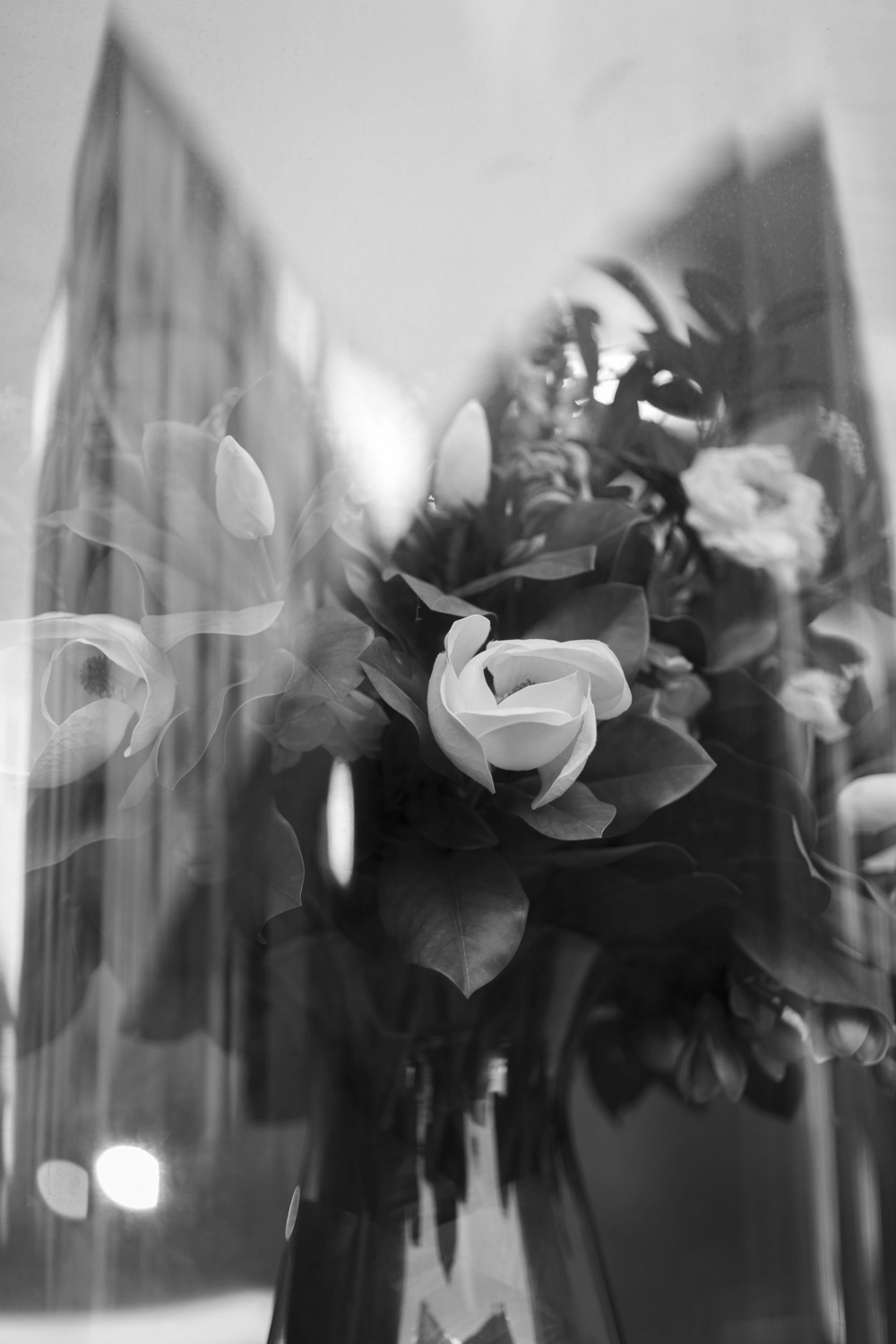 Artificial flowers in a vase and apartment tower reflections.